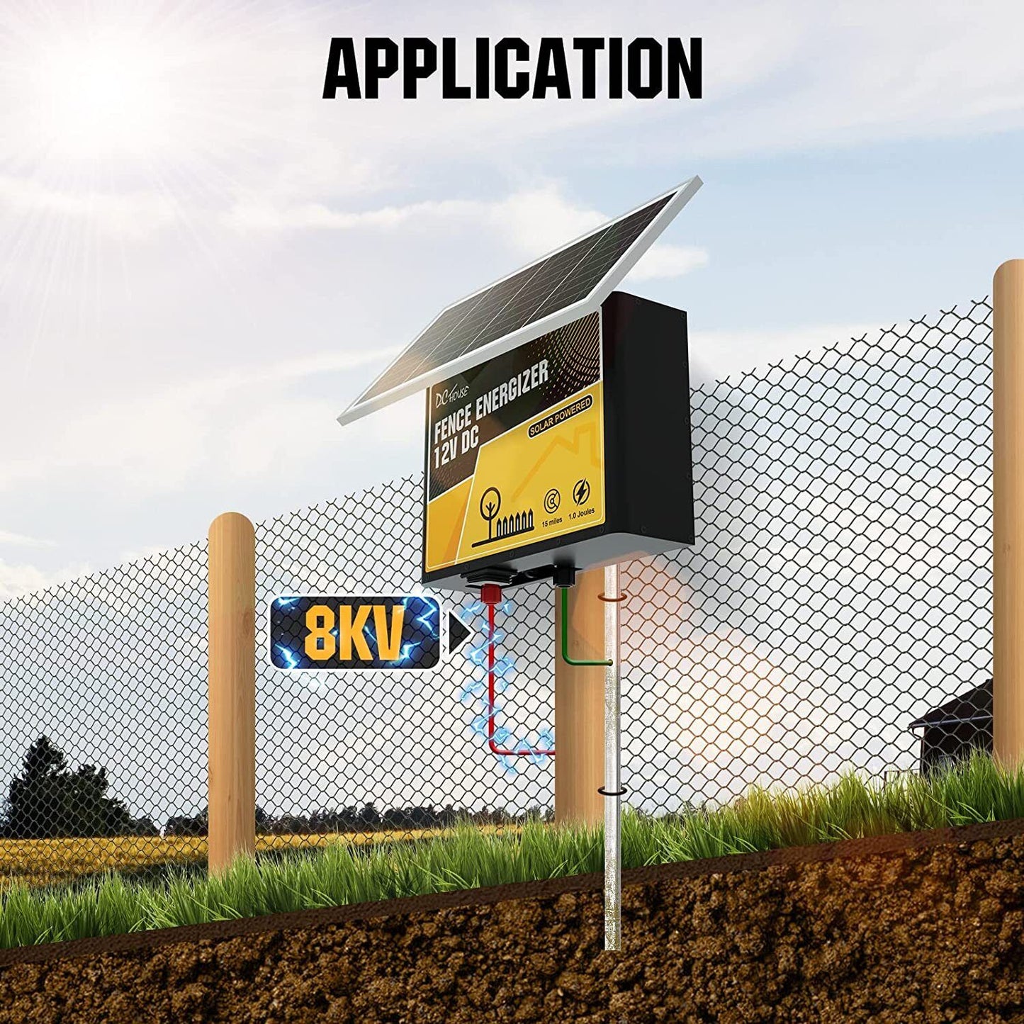 DC HOUSE Solar Powered Electric Fence Charger 15 Mile Electric Fence Energizer