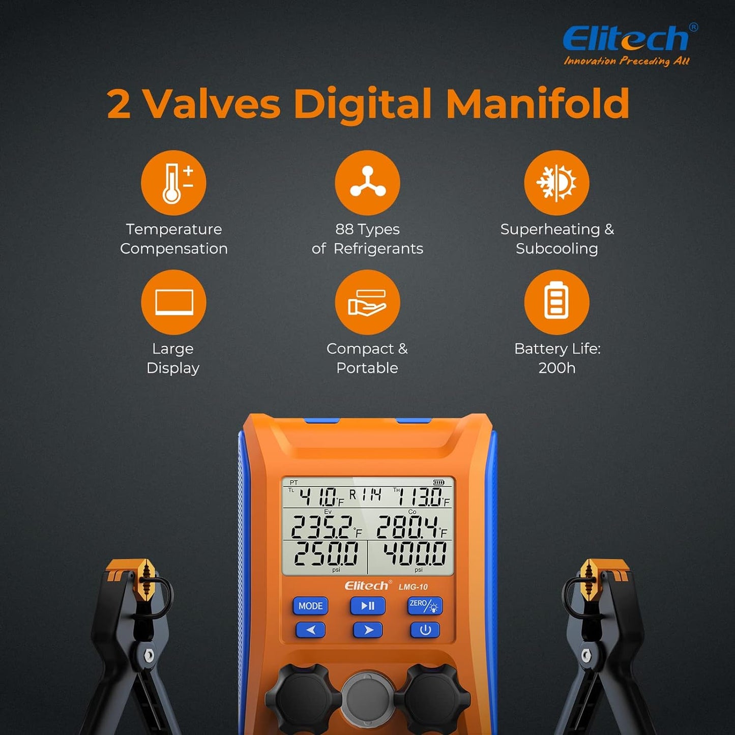 Elitech EMG-20V inteligente HVAC Digital Manifold Gauge tres puertos con sensor de vacío termómetro abrazaderas mangueras