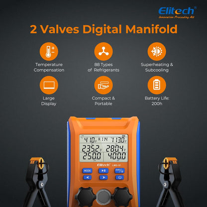 Elitech EMG-20V inteligente HVAC Digital Manifold Gauge tres puertos con sensor de vacío termómetro abrazaderas mangueras