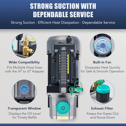 Orion Motor Tech Bomba de Vacío de CA con Manómetros, Bomba de Vacío de 4.5cfm y Juego de Manómetros de Colector de 4 Vías con Detector de Fugas para Refrigerante R134a, R22 o R410a (4.5 CFM&4 Way)