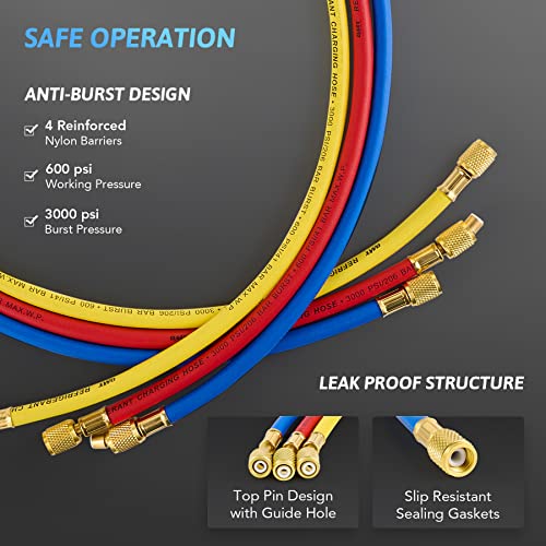 Orion Motor Tech OMT R1234yf - Kit de recarga de CA, 3 vías R1234yf Medidores de CA con mangueras R1234yf Acopladores rápidos y R1234yf R1234yf R134a R404a Freón Carga