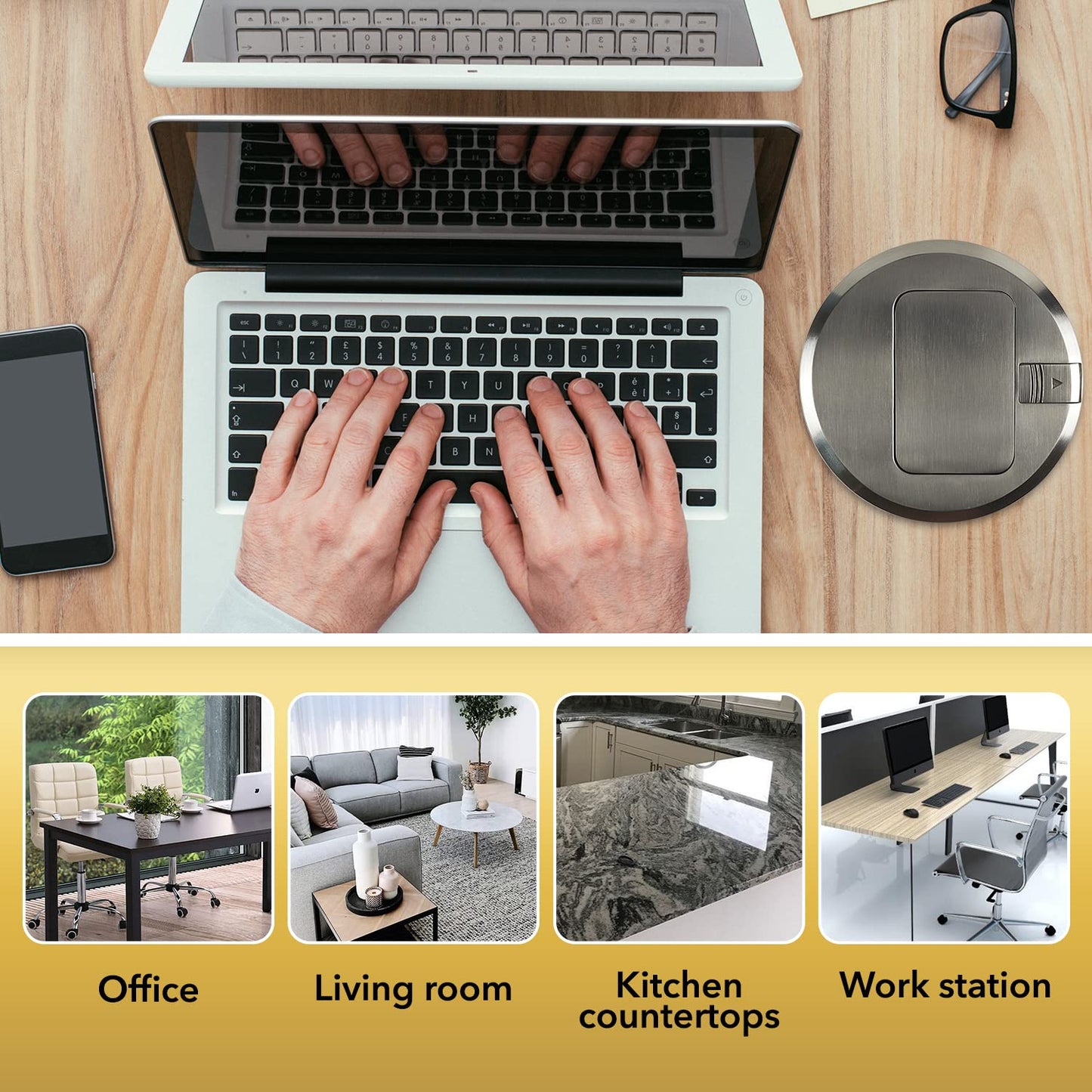 Select Lighting SLFB-PU-USB-BR - Receptáculos de salida USB emergentes de 20 A, caja de piso eléctrica redonda resistente a manipulaciones con cubierta de latón, enchufe empotrado retráctil para encimeras y pisos