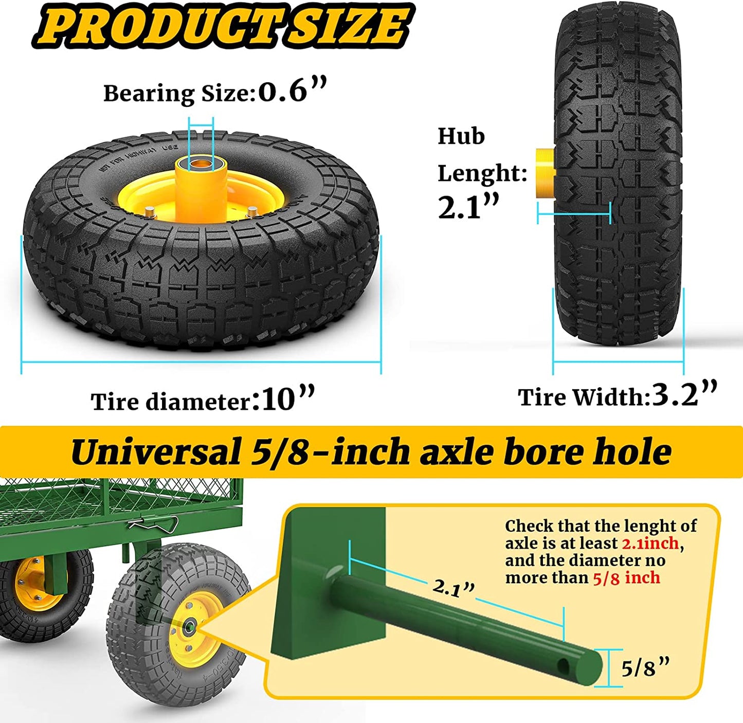 Neumáticos y ruedas de 4.10/3.50-4, sin planos, neumáticos de goma sólida de 10 pulgadas para carretilla con agujero de eje de 5/8"