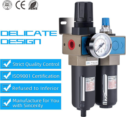 NANPU Lubricador regulador de filtro de aire comprimido NPT de 1/4" (FRL), elemento de latón de 5 micrones, calibre de 0-150 psi, drenaje manual, soporte de metal