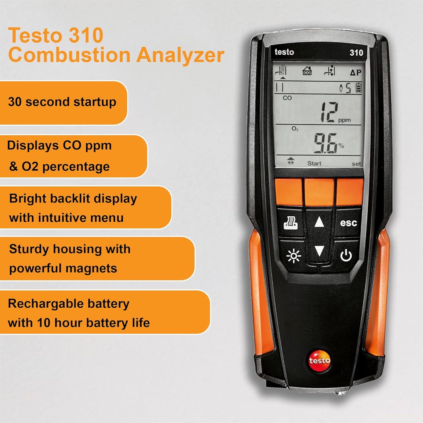 testo Kit de analizador de combustión residencial 310 I I I Kit de detector de gases de combustión para sistemas de calefacción 0563 3100