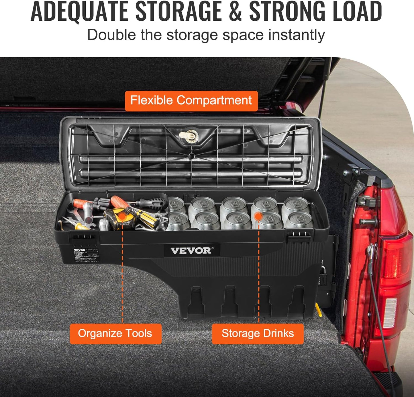VEVOR Truck Bed Storage Box, Swing Case Fits Ford F-150 2015-2021, Passenger Side, Lockable Wheel Well Tool Box with Password Padlock, Waterproof and Durable ABS Tool Box