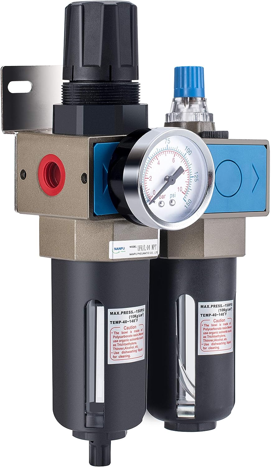 NANPU Lubricador regulador de filtro de aire comprimido NPT de 1/4" (FRL), elemento de latón de 5 micrones, calibre de 0-150 psi, drenaje manual, soporte de metal