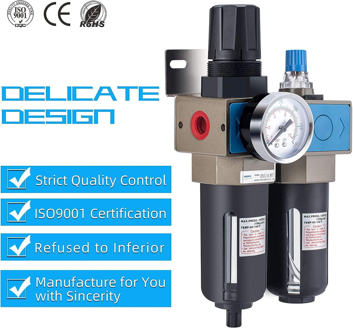 NANPU Lubricador regulador de filtro de aire comprimido NPT de 1/4" (FRL), elemento de latón de 5 micrones, calibre de 0-150 psi, drenaje manual, soporte de metal