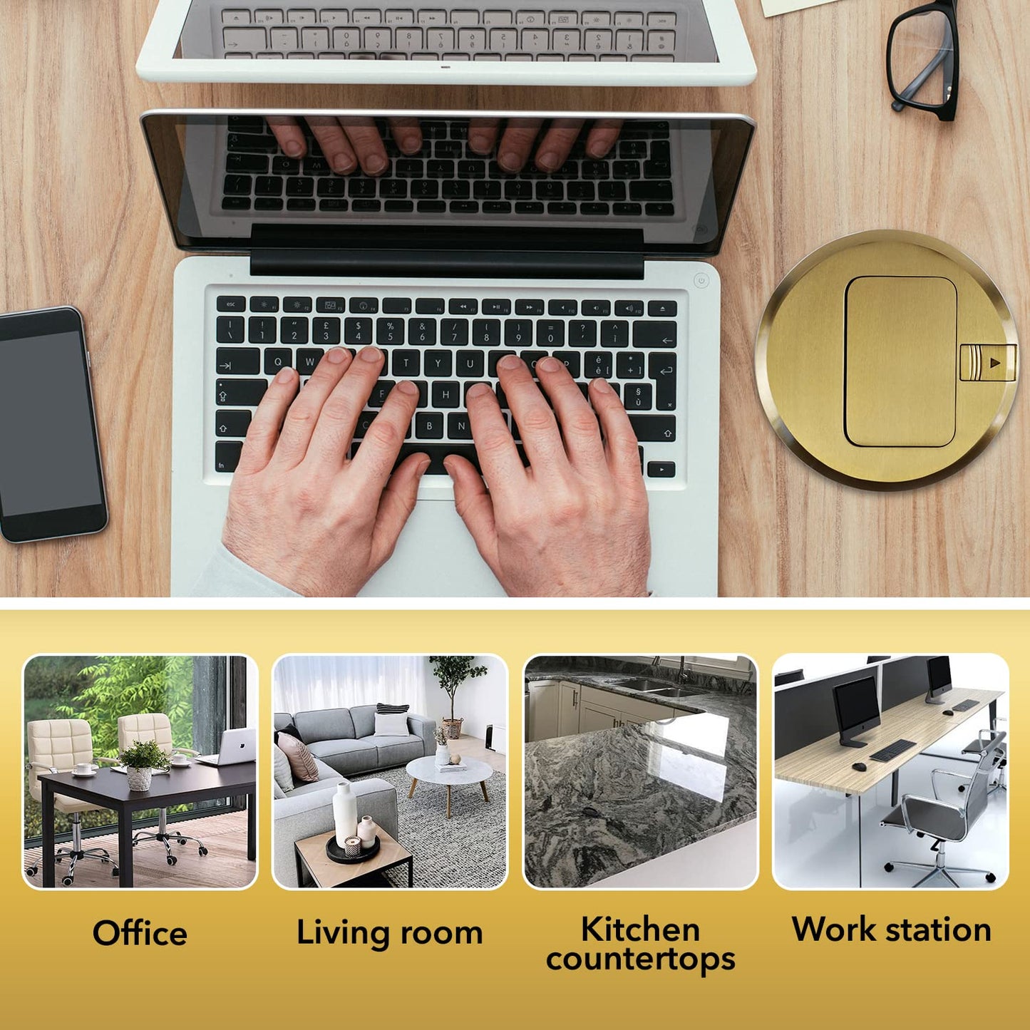 Select Lighting SLFB-PU-USB-BR - Receptáculos de salida USB emergentes de 20 A, caja de piso eléctrica redonda resistente a manipulaciones con cubierta de latón, enchufe empotrado retráctil para encimeras y pisos