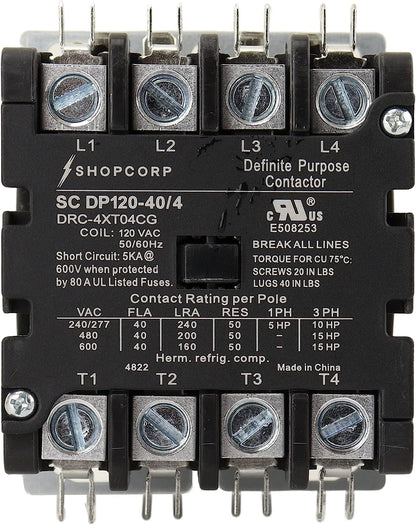 Shopcorp Contactor magnético de propósito definido de 40 A, 4 polos, NO 600 V, HVAC, iluminación y refrigeración, bobina de 110/120 V, carga del motor 40A, aire acondicionado y bomba de calor