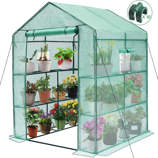 Greengro Invernadero, invernaderos de 56 x 56 x 75 pulgadas para exteriores, kit de invernadero mejorado con ventana, cubierta de polietileno grueso, 3 niveles, 8 estantes, casas verdes resistentes para interiores y exteriores