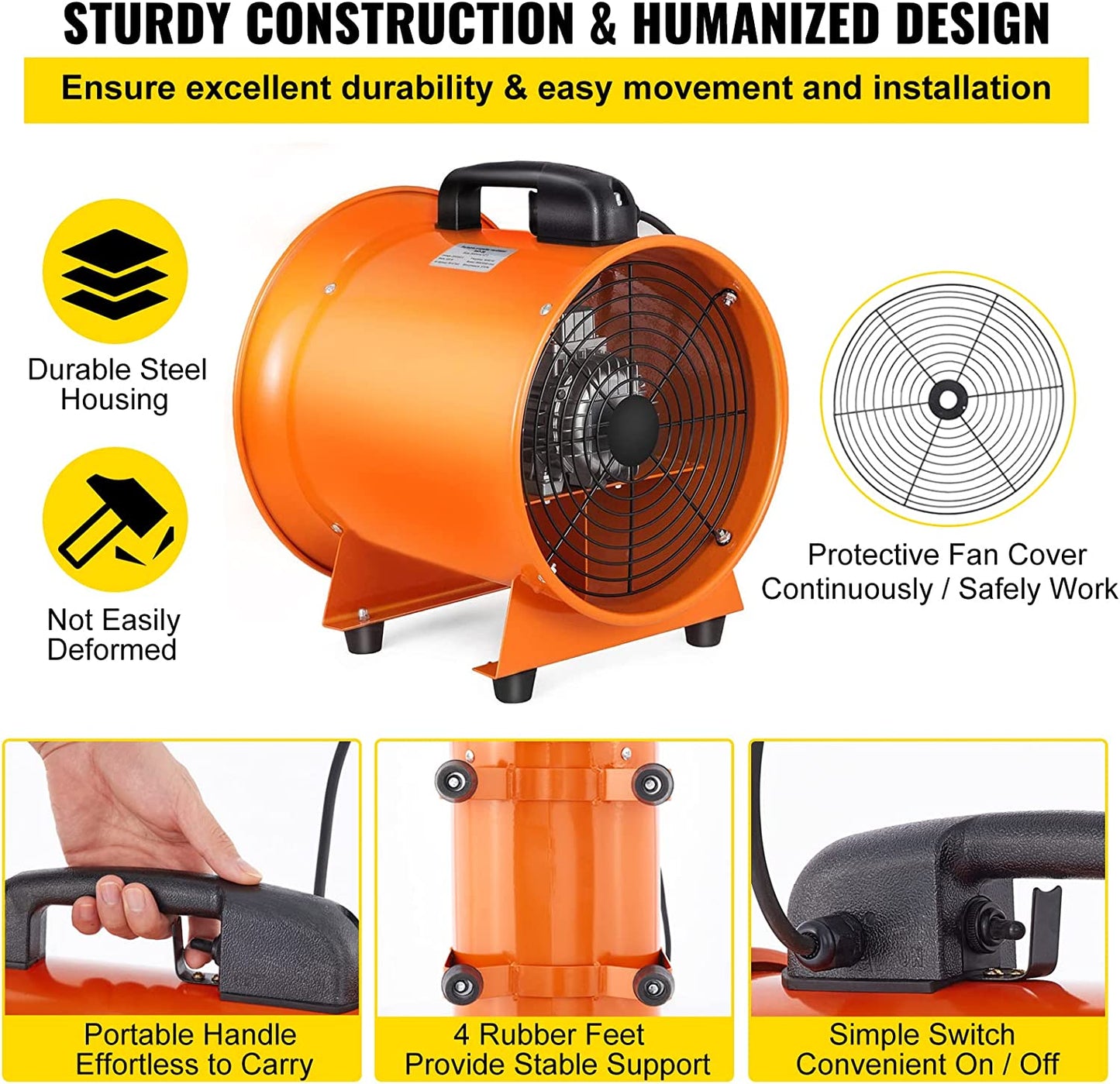 VEVOR Ventilador de manguera axial de escape de 12 pulgadas, ventilador portátil de alta velocidad de 3900 m3/h, ventilador extractor de bajo ruido con manguera de conducto de 5 m