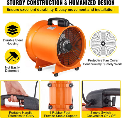 VEVOR Ventilador de manguera axial de escape de 12 pulgadas, ventilador portátil de alta velocidad de 3900 m3/h, ventilador extractor de bajo ruido con manguera de conducto de 5 m