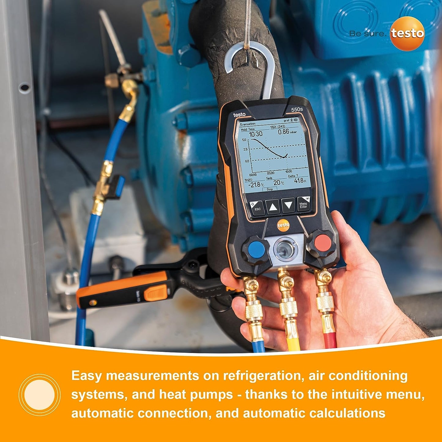Testo 550s AC Manifold Gauge Set – Manifold Gauges Hvac and Refrigeration – Incl. 2 Wired Temperature Clamp Probes – AC Recharge Kit with superheat, subcooling – AC Gauge Set with Bluetooth