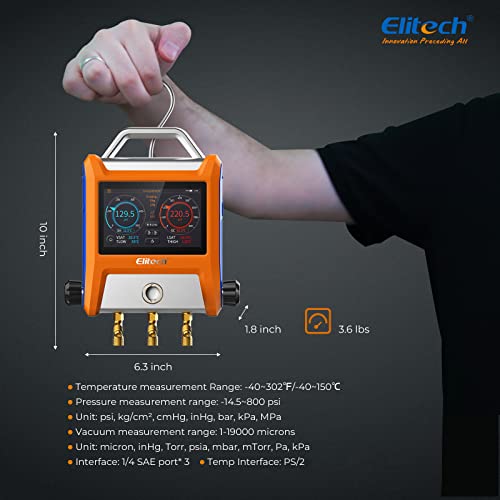 Elitech EMG-20V inteligente HVAC Digital Manifold Gauge tres puertos con sensor de vacío termómetro abrazaderas mangueras