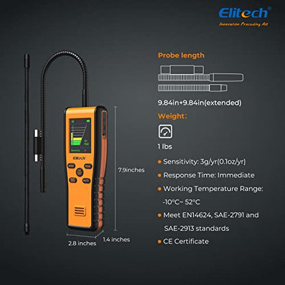 Elitech Detector de fugas de refrigerante, sensores de diodo infrarrojo y calentado en 1 unidad, aspirador de gas halógeno HVAC, antiinterferencia, alcance estándares SAE, IR-200