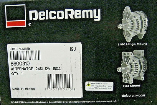 DELCO REMY 8600310 ALTERNATOR 12V 160A 24SI, J180 HINGE MOUNT