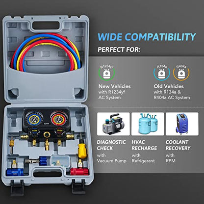 Orion Motor Tech OMT R1234yf - Kit de recarga de CA, 3 vías R1234yf Medidores de CA con mangueras R1234yf Acopladores rápidos y R1234yf R1234yf R134a R404a Freón Carga