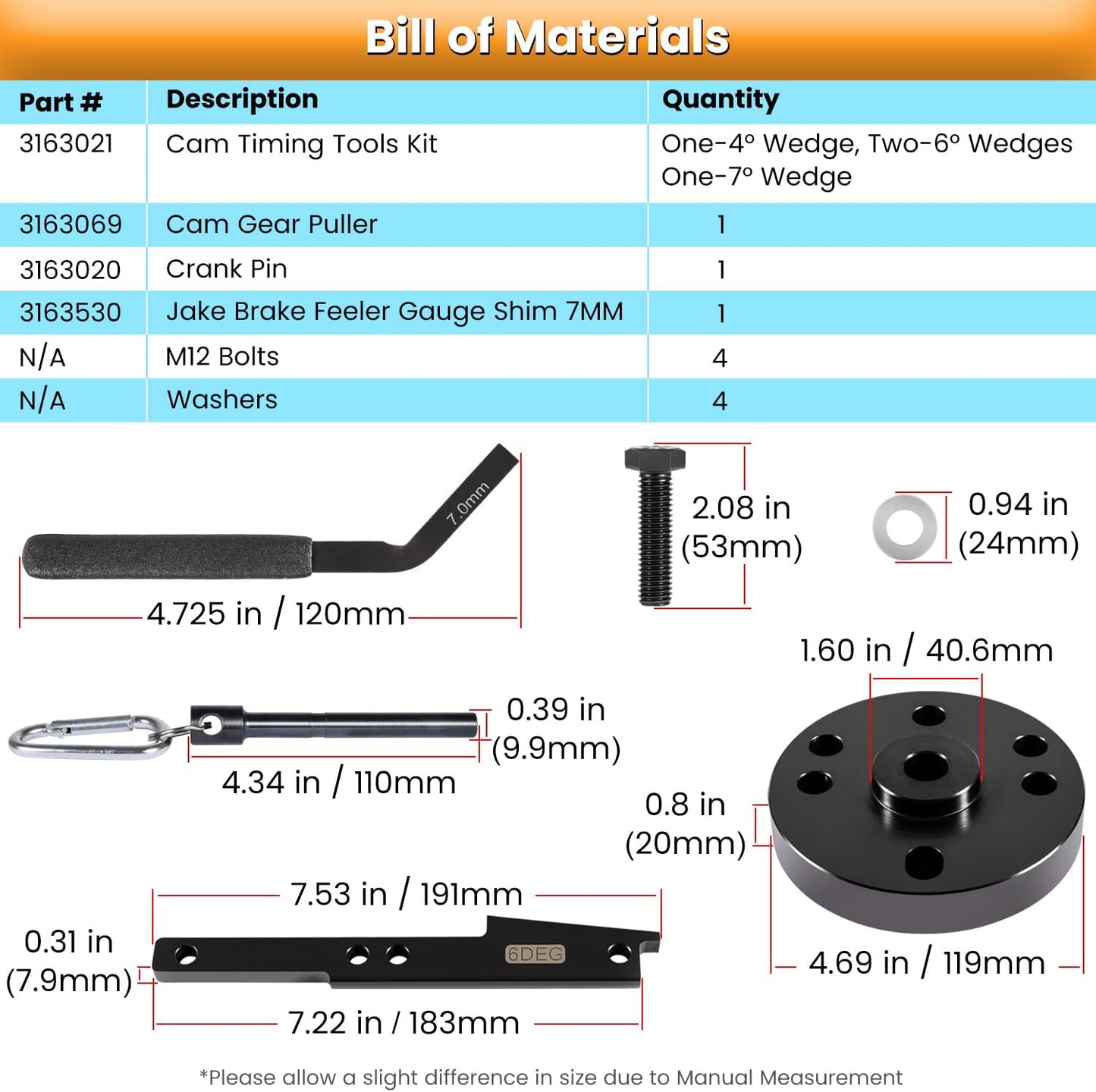 3163021 Kit de herramientas de sincronización de leva + 3163530 Herramienta de ajuste de freno de motor de 7 mm para todos los motores Cummins ISX QSX 2007-2017 con extractor de engranajes de leva y