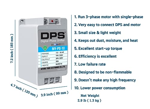 DPS Convertidor monofásico a trifásico, Modelo MY-PS-10, Apto para Motores trifásicos de 7.5 HP (5,5 kw) 23 amperios 200-240 V, un Tiene Que usarse Solo para un Motor