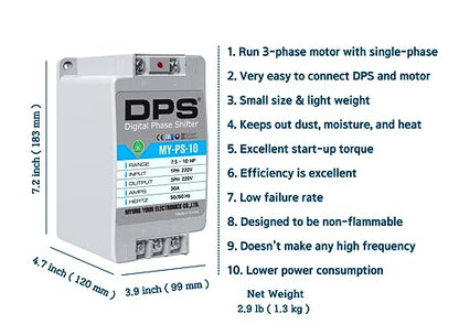 DPS Convertidor monofásico a trifásico, Modelo MY-PS-10, Apto para Motores trifásicos de 7.5 HP (5,5 kw) 23 amperios 200-240 V, un Tiene Que usarse Solo para un Motor