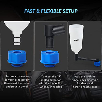 Orion Motor Tech Embudo de Aceite para Motor, Embudo de 2 Cuartos para Uso Automotriz con Extensión Flexible y 8 Adaptadores Compatibles con Toyota Jeep Mazda Ford Dodge Más, Embudo Grande Sin