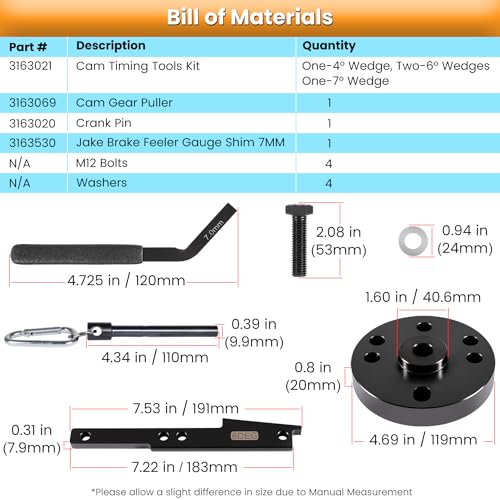 3163021 Kit de herramientas de sincronización de leva + 3163530 Herramienta de ajuste de freno de motor de 7 mm para todos los motores Cummins ISX QSX 2007-2017 con extractor de engranajes de leva y