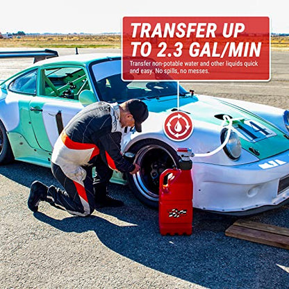 TERA PUMP TRJ5XLR - Bomba de transferencia de combustible de parada automática con batería AA con lata automotriz de 5 galones, manguera de 3.25 pies de largo (velocidad de transferencia de 2.3 GPM)