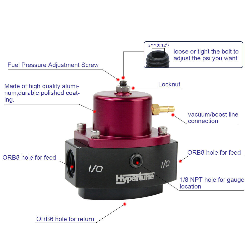PQY Red 12-880 Return Fuel Pressure Regulator 6AN Boost Reference EFI TO CARB