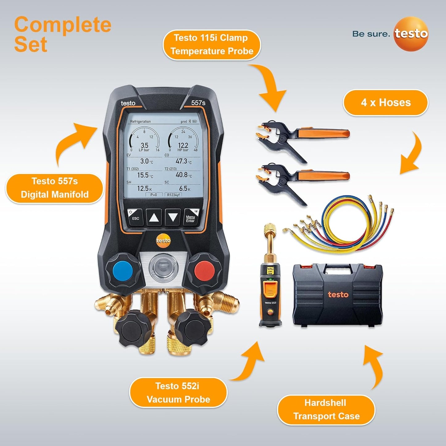 Testo - Kit automotriz 550i con colector digital operado vía aplicación, abrazadera de tubo, termómetro para aire acondicionado, sistemas de refrigeración, bombas de calor y Bluetooth