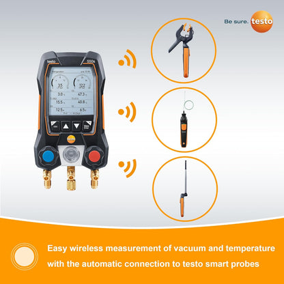 Testo - Kit automotriz 550i con colector digital operado vía aplicación, abrazadera de tubo, termómetro para aire acondicionado, sistemas de refrigeración, bombas de calor y Bluetooth