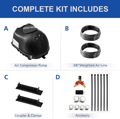 Kit de aireación y aireación de estanque, kit de bomba de aire de estanque séptico para estanques de hasta 8000 galones, sistema de aireación de estanque todo en uno, línea de aire ponderada