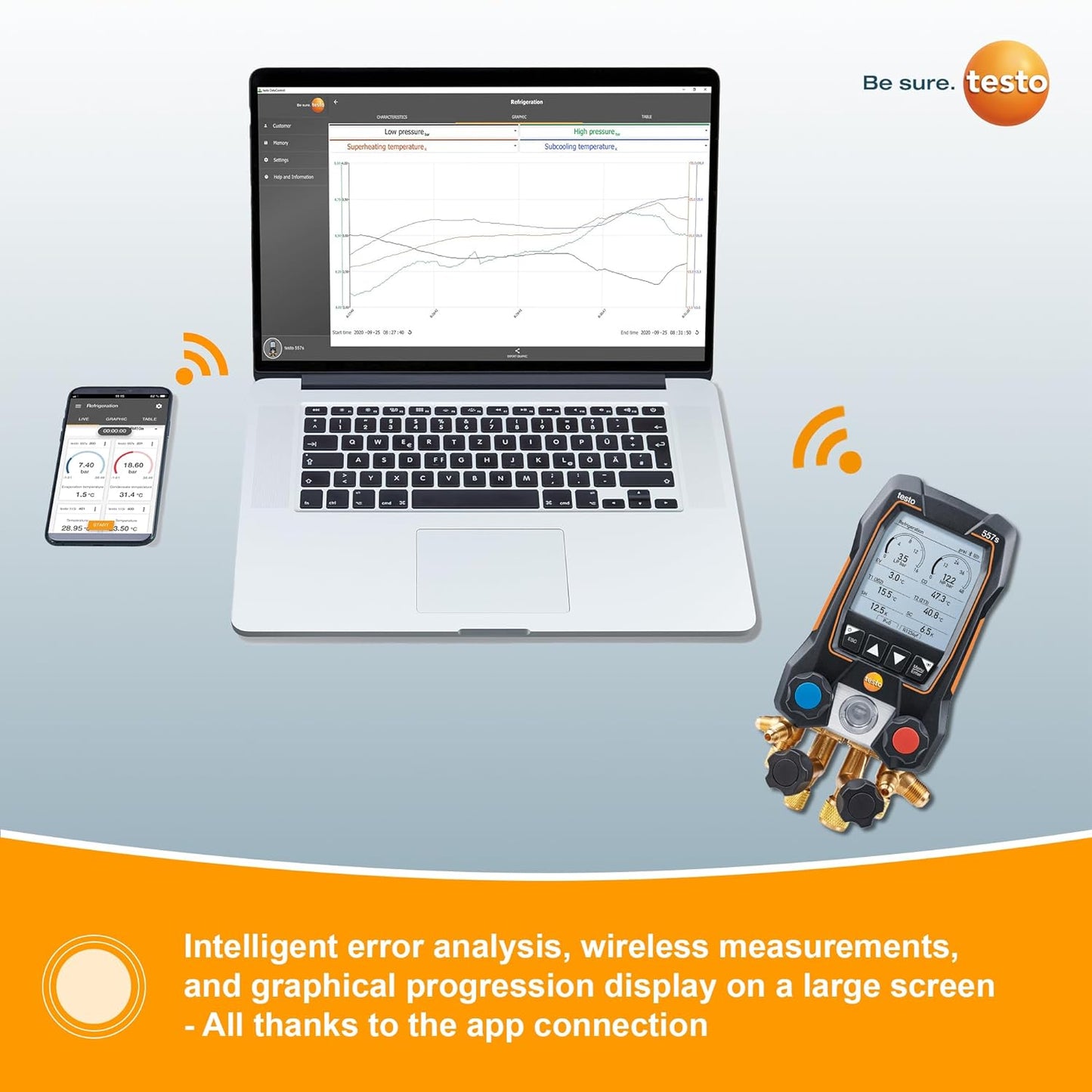 Testo - Kit automotriz 550i con colector digital operado vía aplicación, abrazadera de tubo, termómetro para aire acondicionado, sistemas de refrigeración, bombas de calor y Bluetooth