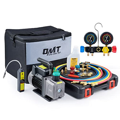 Orion Motor Tech Bomba de Vacío de CA con Manómetros, Bomba de Vacío de 4.5cfm y Juego de Manómetros de Colector de 4 Vías con Detector de Fugas para Refrigerante R134a, R22 o R410a (4.5 CFM&4 Way)