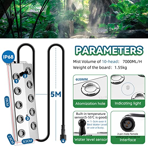 Mxmoonant - Máquina de niebla ultrasónica de 10 cabezales, 7000 ml/h, fuente de agua, máquina de niebla para estanque, atomizador cuadrado, humidificador de aire con flotador para estanque, acuario, rocalla