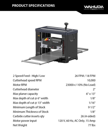 Wahuda Tools Cepilladora de cabeza de corte en espiral de 13" con puntas de carburo de 4 lados (velocidad única - nuevo)