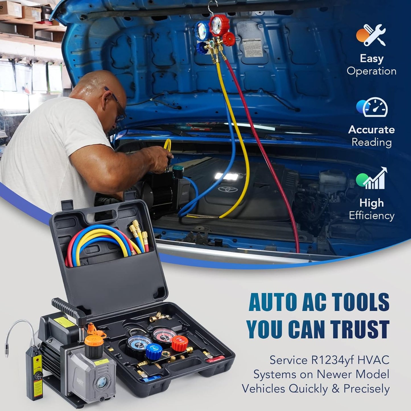 Orion Motor Tech Bomba de Vacío de CA con Manómetros, Bomba de Vacío de 4.5cfm y Juego de Manómetros de Colector de 4 Vías con Detector de Fugas para Refrigerante R134a, R22 o R410a (4.5 CFM&4 Way)