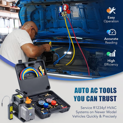 Orion Motor Tech Bomba de Vacío de CA con Manómetros, Bomba de Vacío de 4.5cfm y Juego de Manómetros de Colector de 4 Vías con Detector de Fugas para Refrigerante R134a, R22 o R410a (4.5 CFM&4 Way)