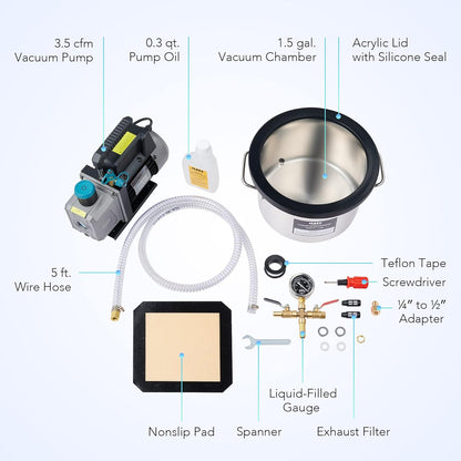 Orion Motor Tech Cámara de Vacío y Bomba de 3 Galones, kit de Desgasificación de Resina Epoxi, Cámara de Vacío de Acero Inoxidable y Bomba de Vacío de 3.5 CFM para el Hogar (3 Galones)