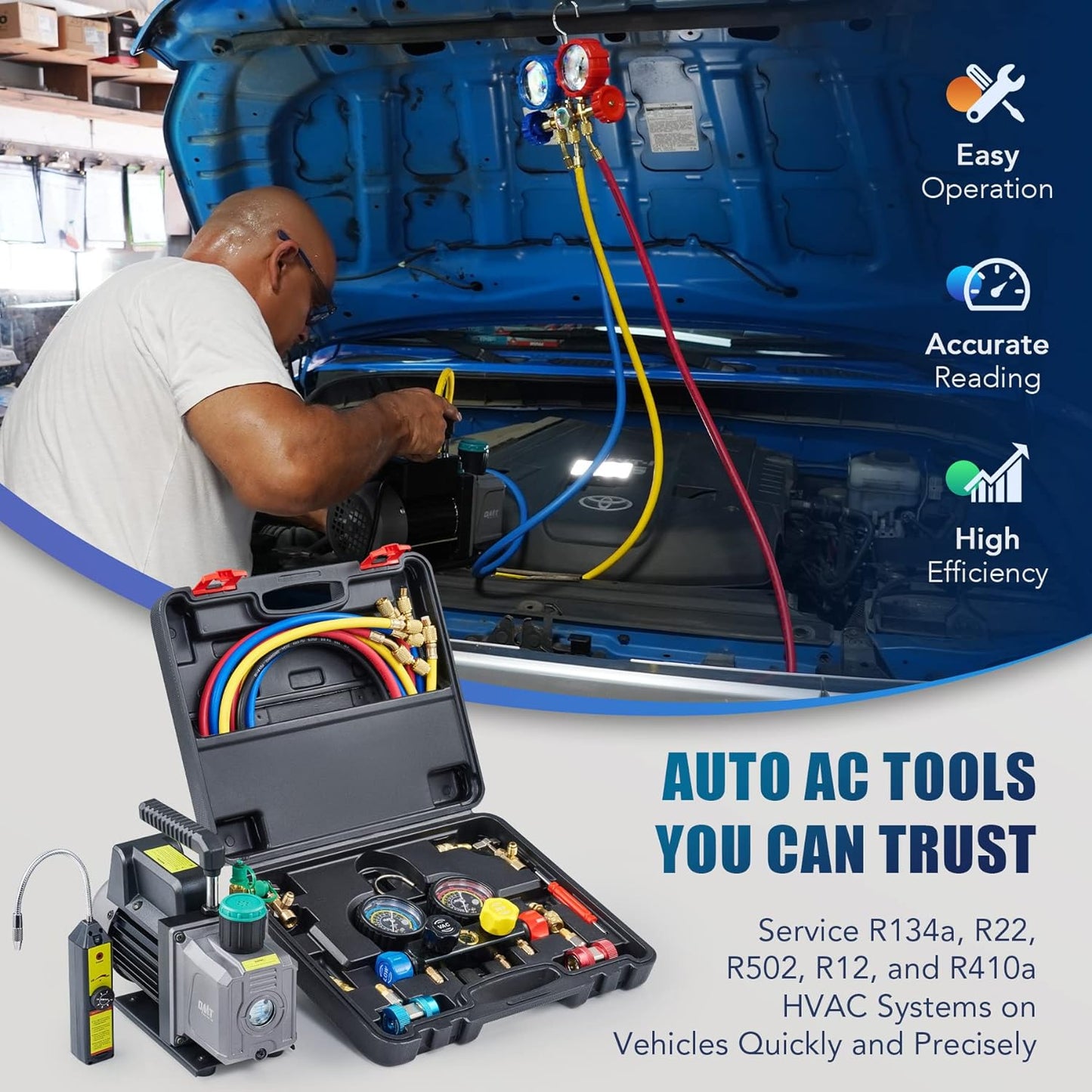 Orion Motor Tech Bomba de Vacío de CA con Manómetros, Bomba de Vacío de 4.5cfm y Juego de Manómetros de Colector de 4 Vías con Detector de Fugas para Refrigerante R134a, R22 o R410a (4.5 CFM&4 Way)