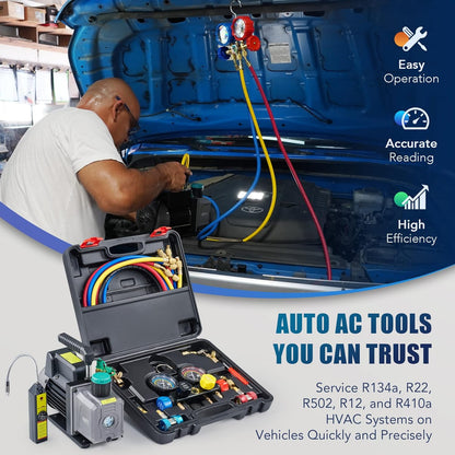 Orion Motor Tech Bomba de Vacío de CA con Manómetros, Bomba de Vacío de 4.5cfm y Juego de Manómetros de Colector de 4 Vías con Detector de Fugas para Refrigerante R134a, R22 o R410a (4.5 CFM&4 Way)