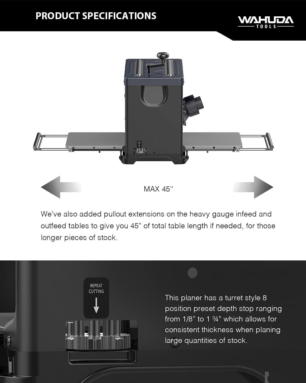 Wahuda Tools Cepilladora de cabeza de corte en espiral de 13" con puntas de carburo de 4 lados (velocidad única - nuevo)