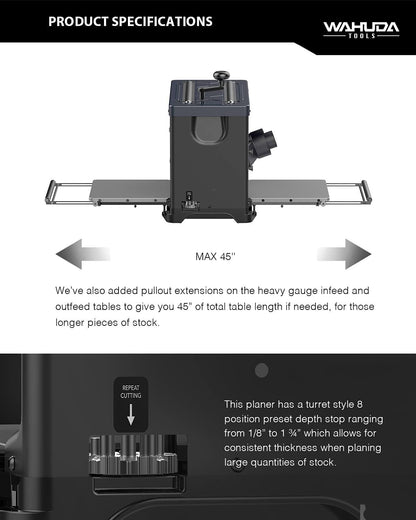 Wahuda Tools Cepilladora de cabeza de corte en espiral de 13" con puntas de carburo de 4 lados (velocidad única - nuevo)