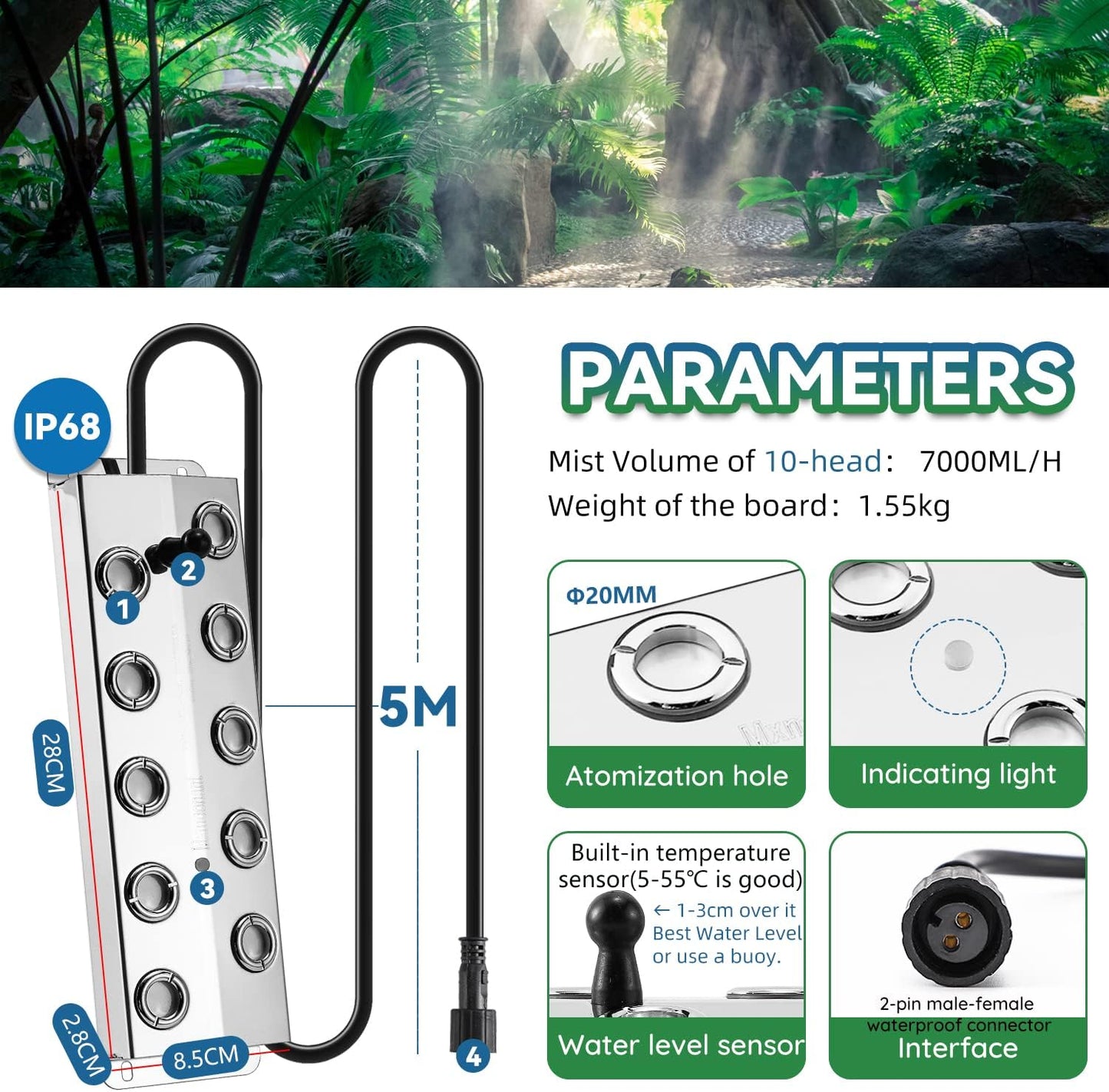 Mxmoonant - Máquina de niebla ultrasónica de 10 cabezales, 7000 ml/h, fuente de agua, máquina de niebla para estanque, atomizador cuadrado, humidificador de aire con flotador para estanque, acuario, rocalla