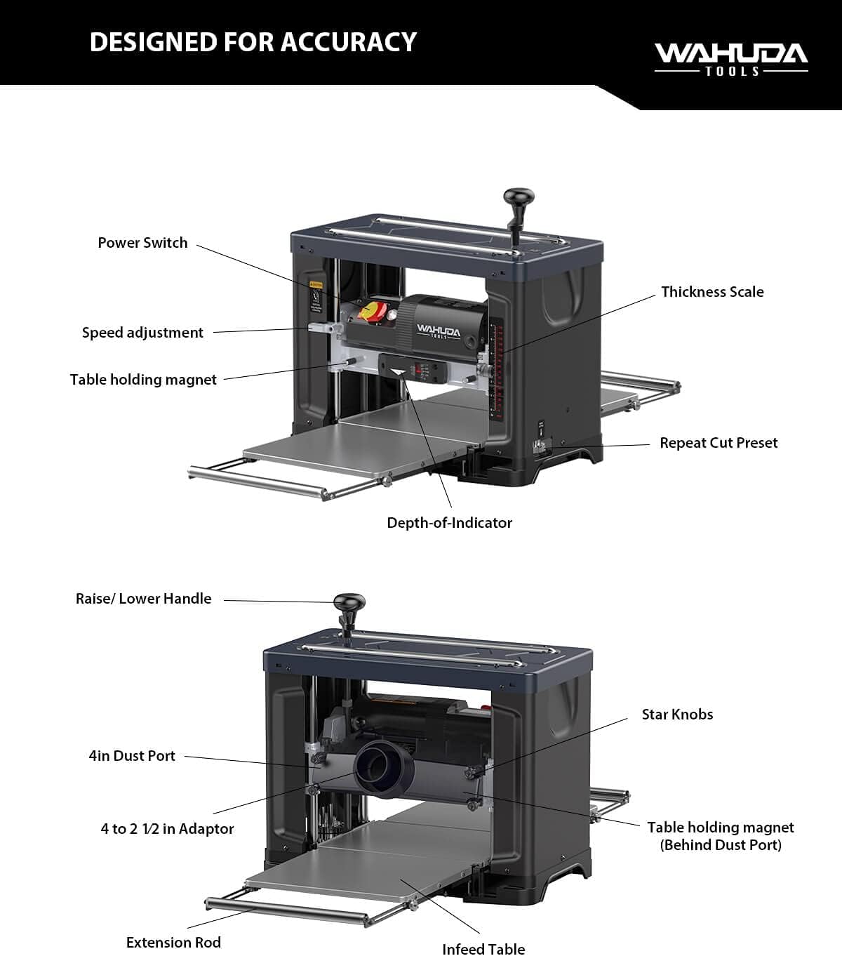 Wahuda Tools Cepilladora de cabeza de corte en espiral de 13" con puntas de carburo de 4 lados (velocidad única - nuevo)