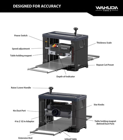 Wahuda Tools Cepilladora de cabeza de corte en espiral de 13" con puntas de carburo de 4 lados (velocidad única - nuevo)