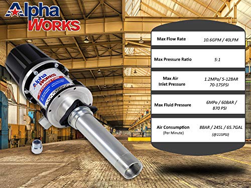 AlphaWorks Tambor de bomba de transferencia de aceite 10.6GPM/40LPM 5:1 de alta presión o 7.4GPM/28LPM Doble acción 3:1 de alto flujo (no para gas o diesel) (bomba de tambor de transferencia de aceite de alta presión 5:1)