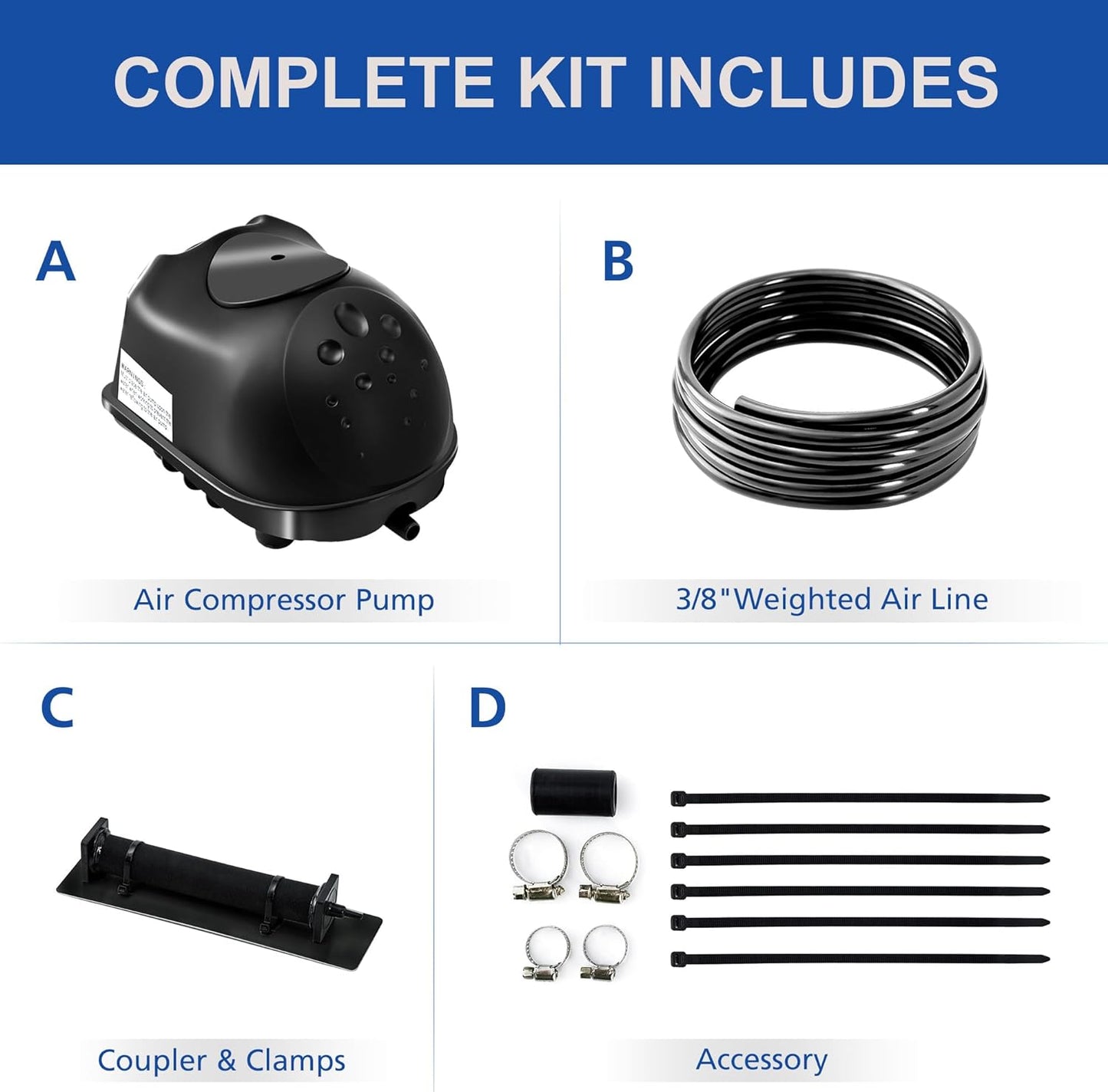 Kit de aireación y aireación de estanque, kit de bomba de aire de estanque séptico para estanques de hasta 8000 galones, sistema de aireación de estanque todo en uno, línea de aire ponderada