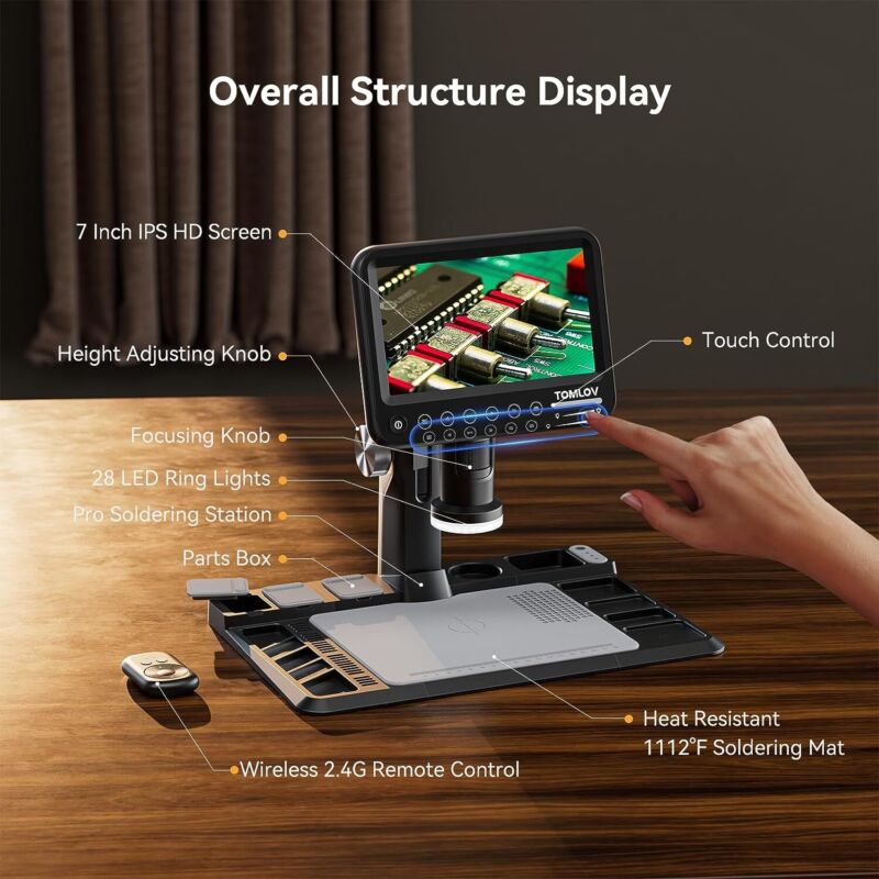 TOMLOV TRM101 7" IPS Digital Microscope 1600X Soldering Microscope with Station