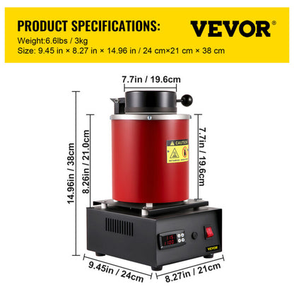 VEVOR Electric Melting Furnace W/ 3KG Graphite Crucible Casting Refining Jewelry